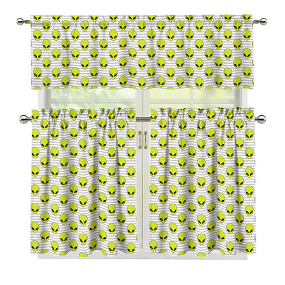Grey Striped Alien Pattern Print 3 Piece Kitchen Curtains