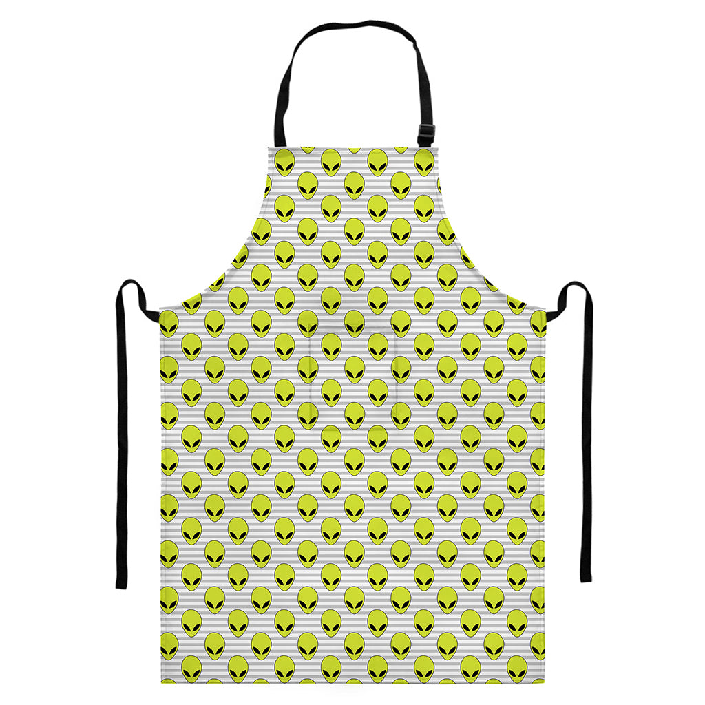 Grey Striped Alien Pattern Print Bib Apron With Pocket