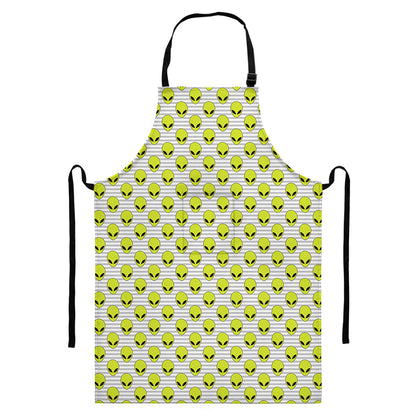 Grey Striped Alien Pattern Print Bib Apron With Pocket
