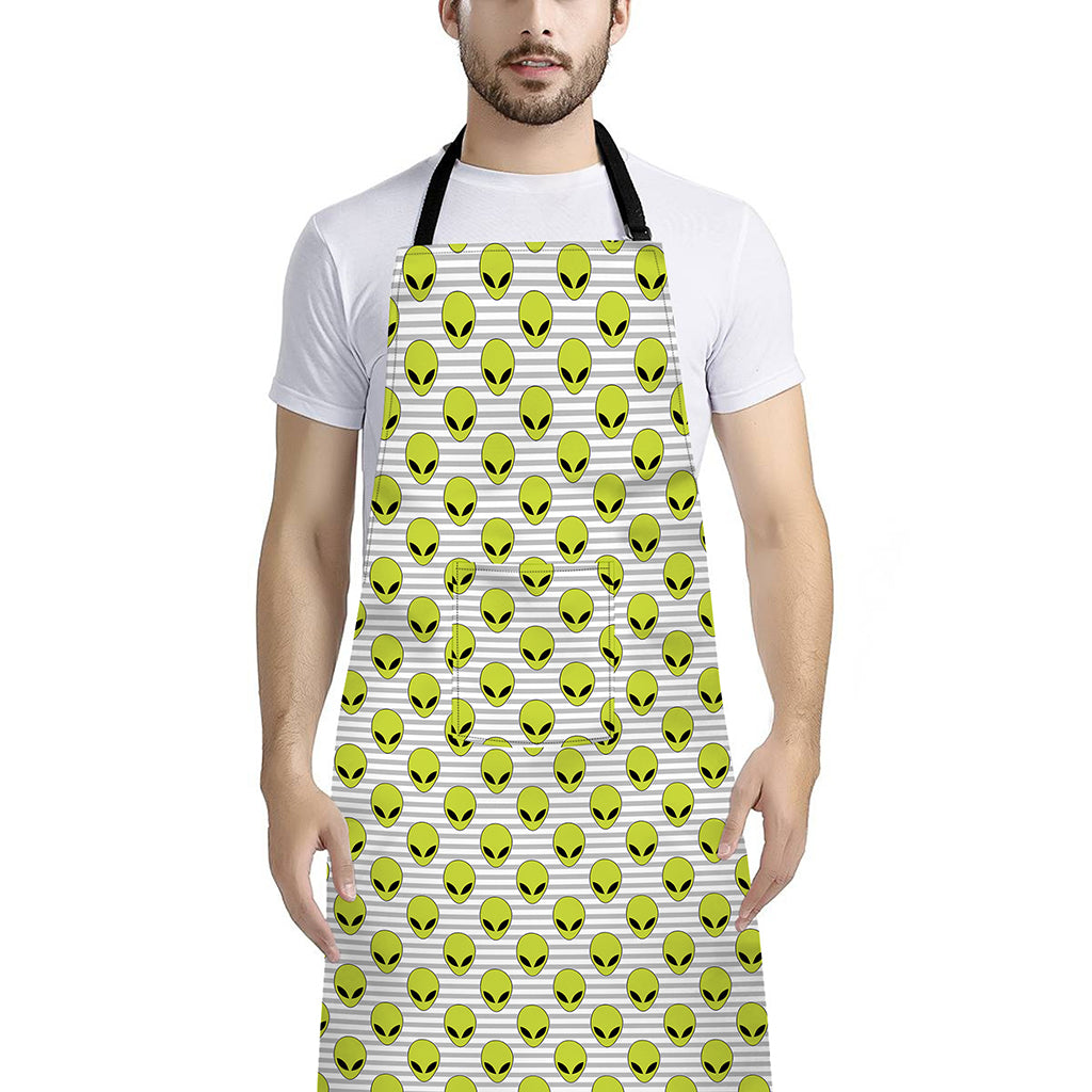 Grey Striped Alien Pattern Print Bib Apron With Pocket