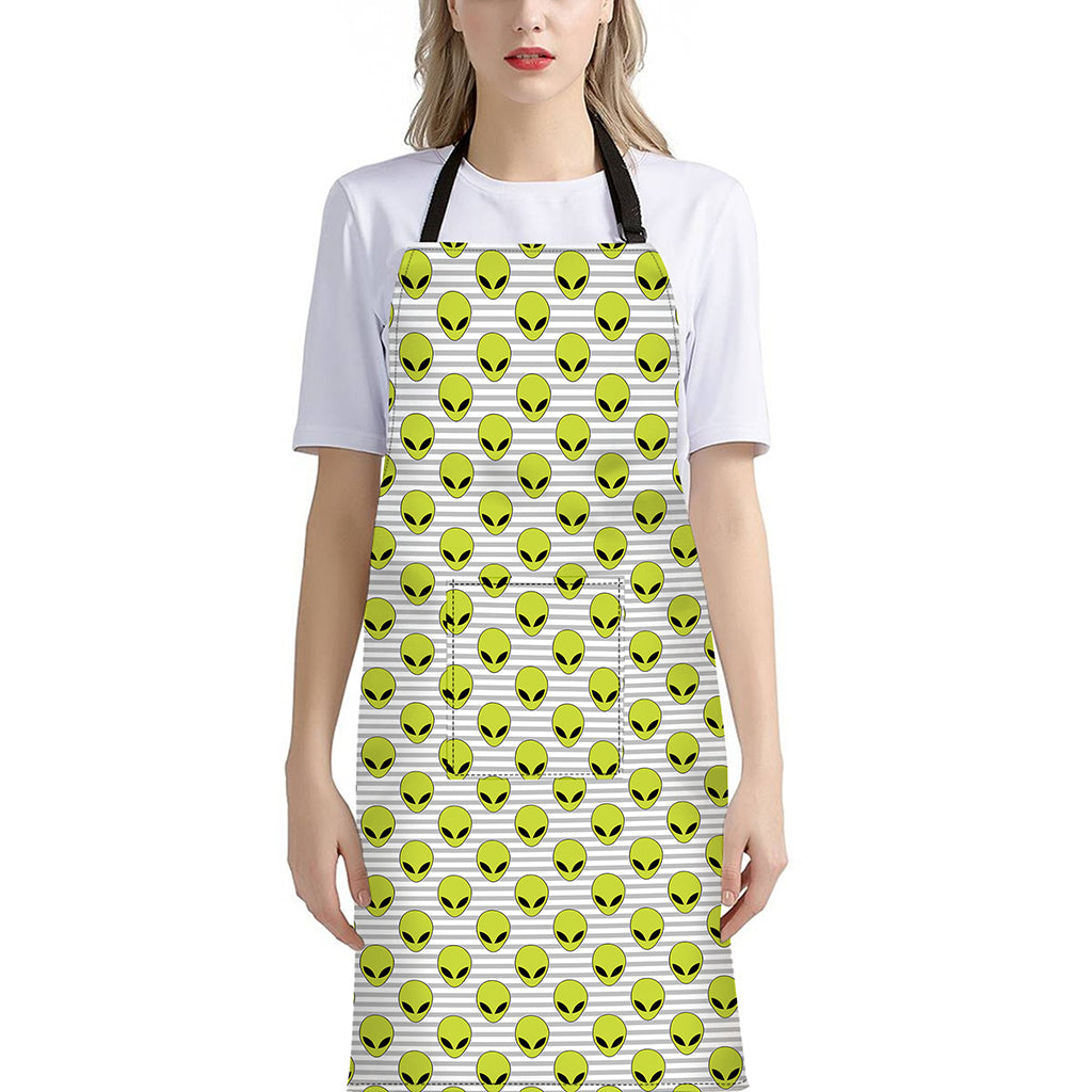 Grey Striped Alien Pattern Print Bib Apron With Pocket