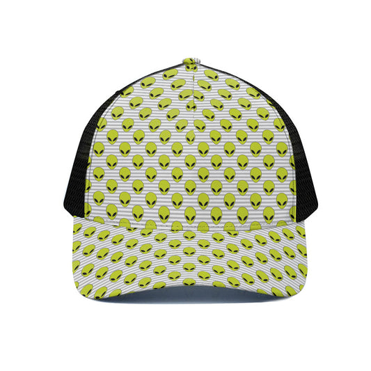 Grey Striped Alien Pattern Print Black Mesh Trucker Cap
