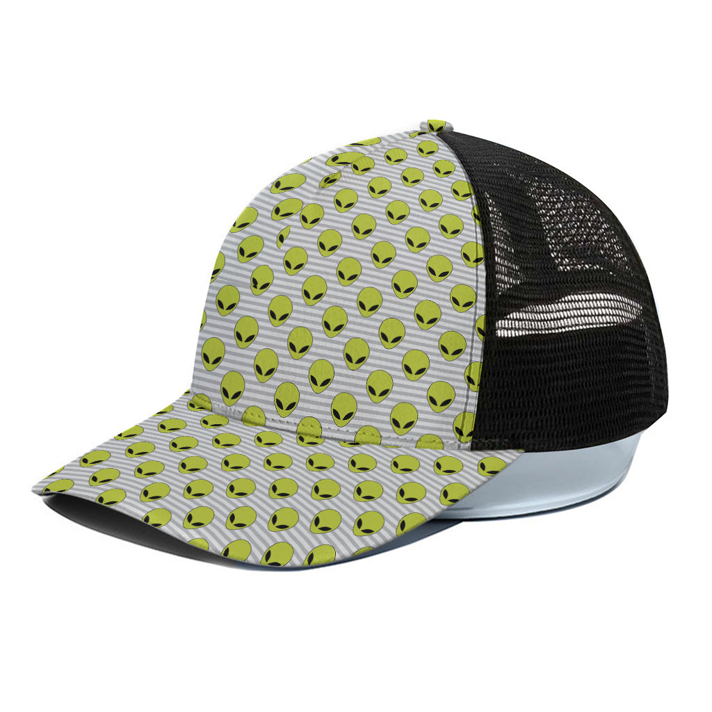 Grey Striped Alien Pattern Print Black Mesh Trucker Cap