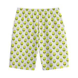 Grey Striped Alien Pattern Print Cotton Shorts