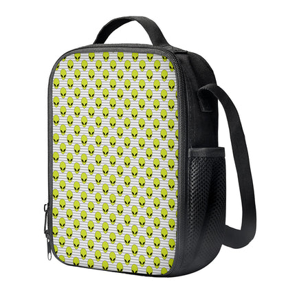 Grey Striped Alien Pattern Print Crossbody Lunch Bag