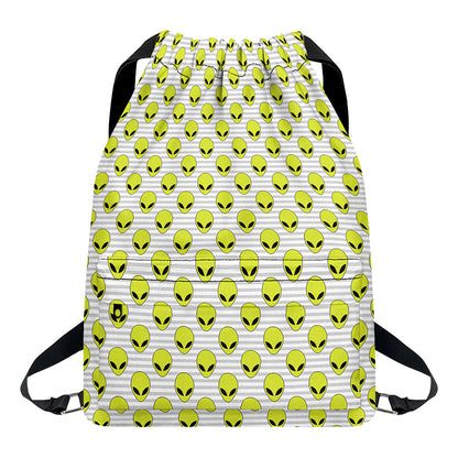Grey Striped Alien Pattern Print Drawstring Backpack