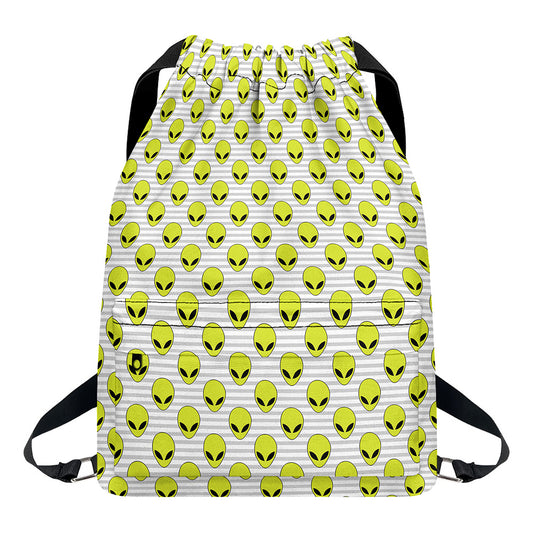 Grey Striped Alien Pattern Print Drawstring Backpack