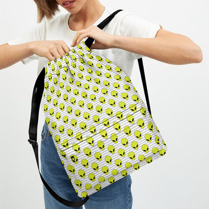 Grey Striped Alien Pattern Print Drawstring Backpack
