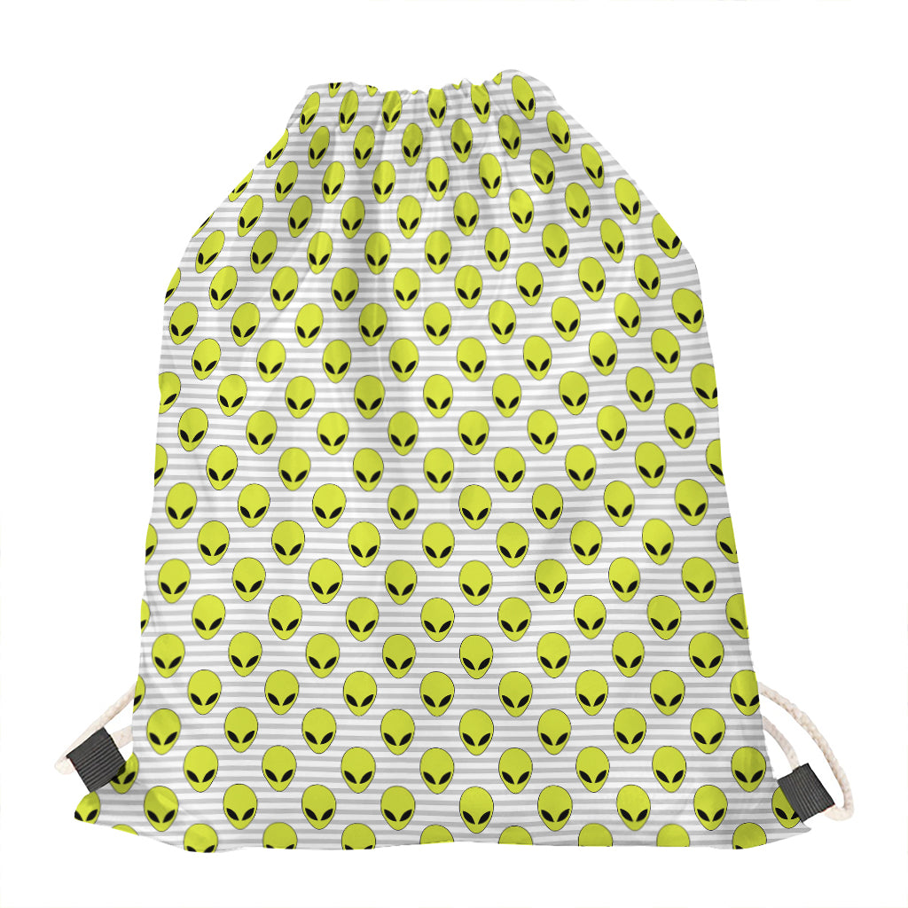 Grey Striped Alien Pattern Print Drawstring Bag