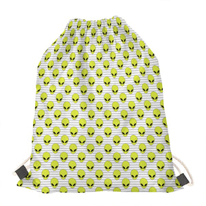 Grey Striped Alien Pattern Print Drawstring Bag