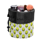 Grey Striped Alien Pattern Print Drawstring Makeup Bag