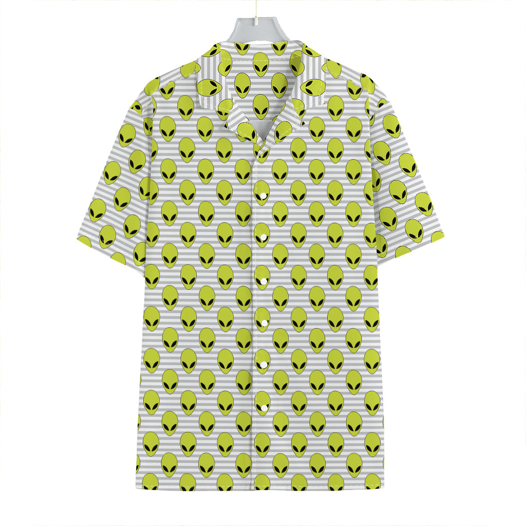 Grey Striped Alien Pattern Print Hawaiian Shirt