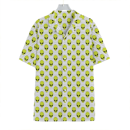 Grey Striped Alien Pattern Print Hawaiian Shirt