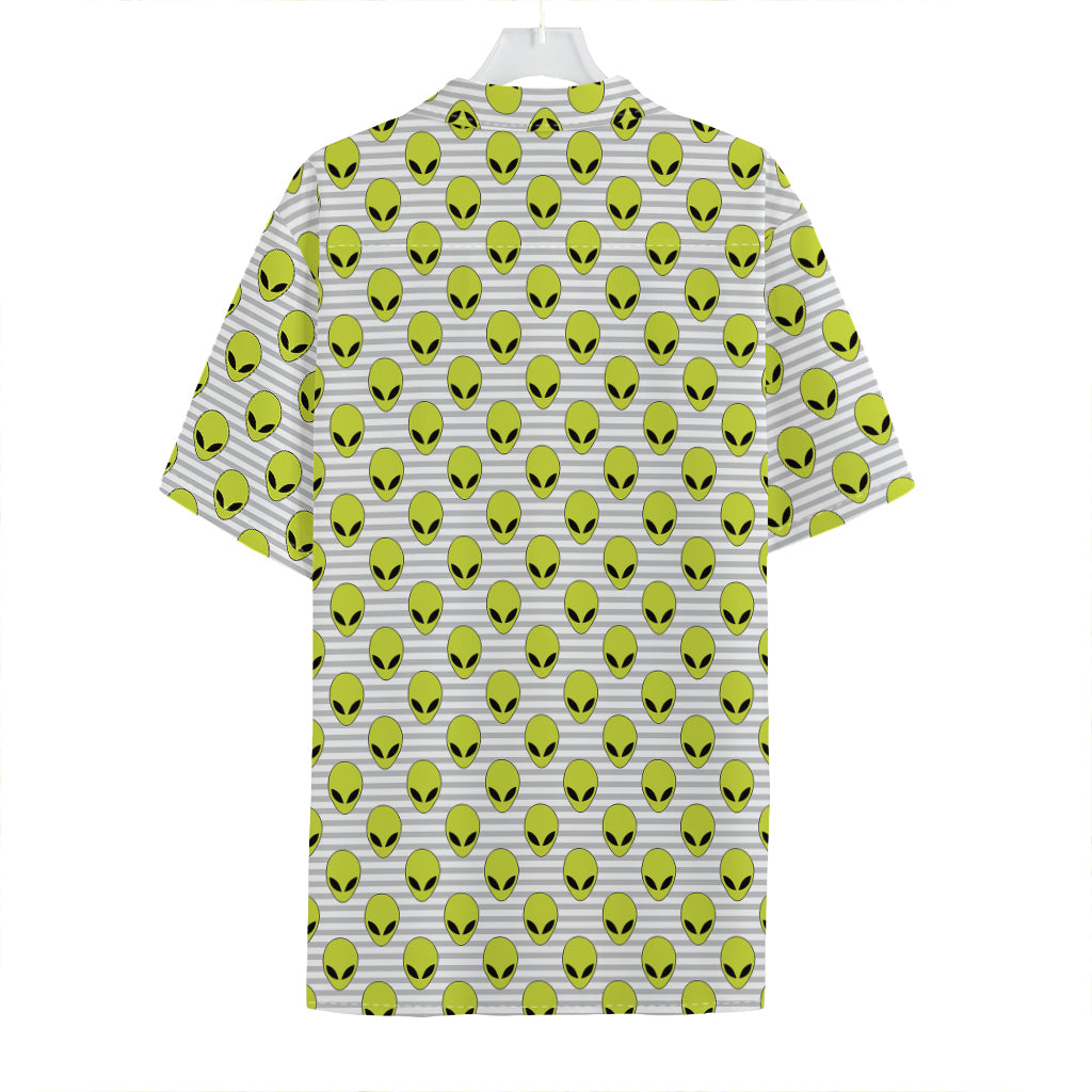 Grey Striped Alien Pattern Print Hawaiian Shirt