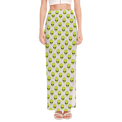 Grey Striped Alien Pattern Print High Slit Maxi Skirt