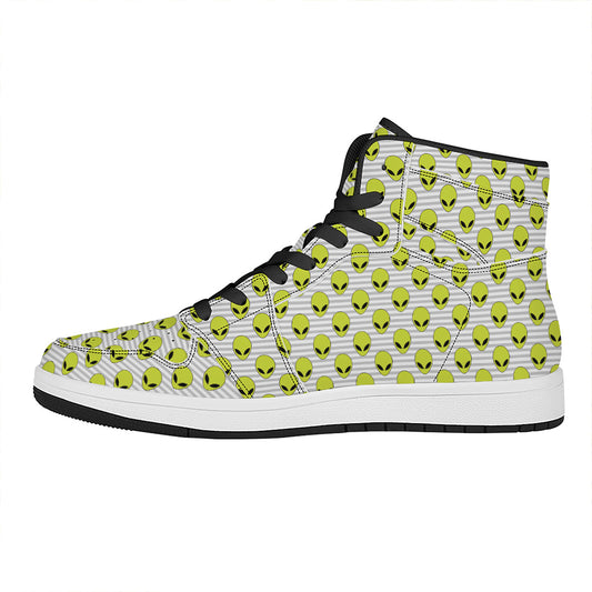Grey Striped Alien Pattern Print High Top Leather Sneakers