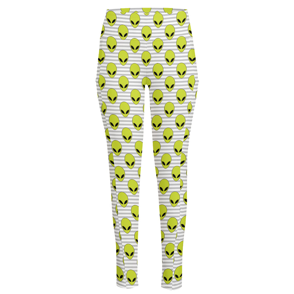 Grey Striped Alien Pattern Print High-Waisted Pocket Leggings
