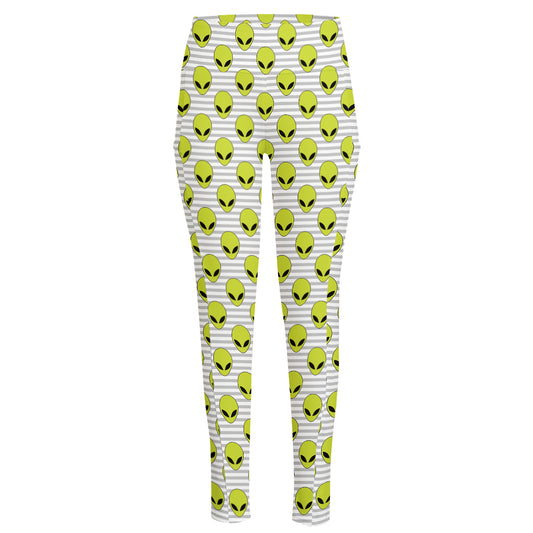 Grey Striped Alien Pattern Print High-Waisted Pocket Leggings