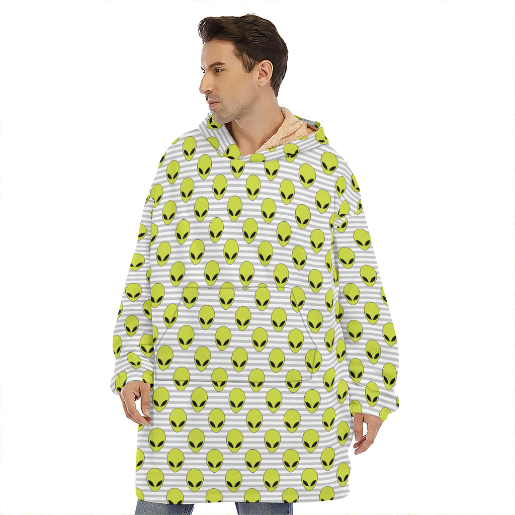 Grey Striped Alien Pattern Print Hoodie Blanket