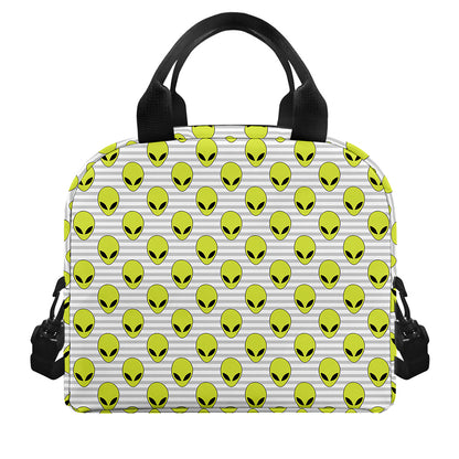Grey Striped Alien Pattern Print Insulated Lunch Bag