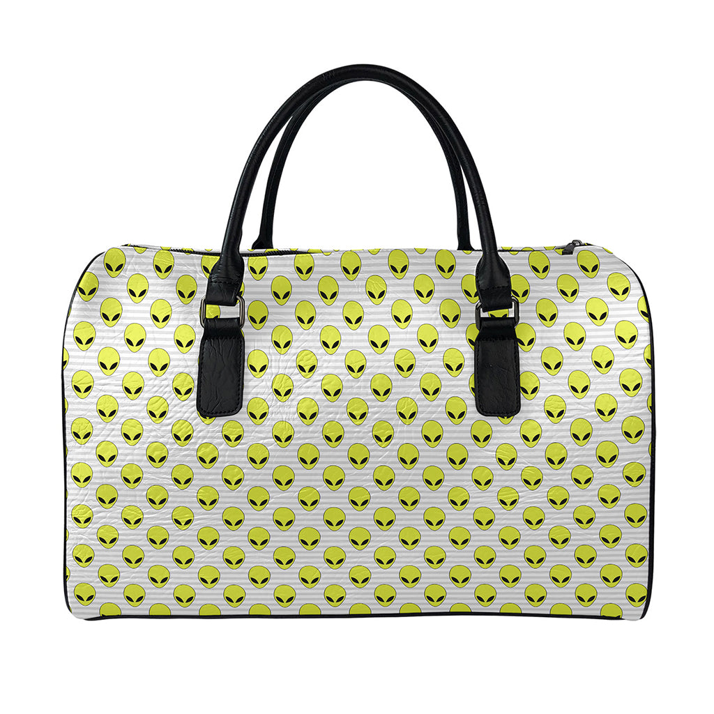Grey Striped Alien Pattern Print Leather Duffle Bag