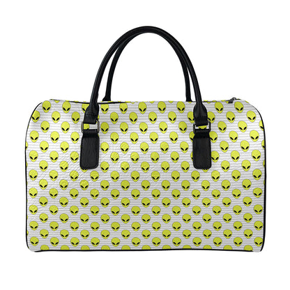 Grey Striped Alien Pattern Print Leather Duffle Bag