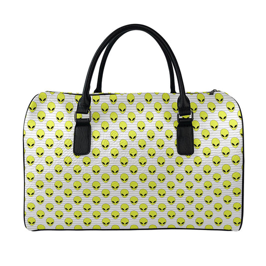 Grey Striped Alien Pattern Print Leather Duffle Bag