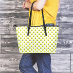 Grey Striped Alien Pattern Print Leather Tote Bag