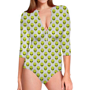 Grey Striped Alien Pattern Print Long Sleeve Swimsuit