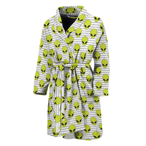 Grey Striped Alien Pattern Print Men's Bathrobe