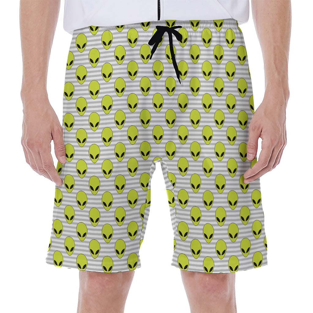 Grey Striped Alien Pattern Print Men's Beach Shorts