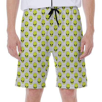 Grey Striped Alien Pattern Print Men's Beach Shorts