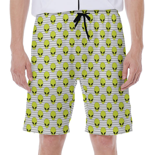 Grey Striped Alien Pattern Print Men's Beach Shorts