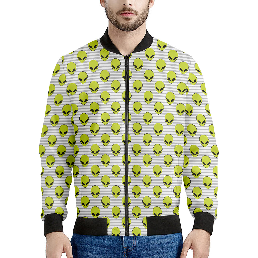 Grey Striped Alien Pattern Print Men's Bomber Jacket