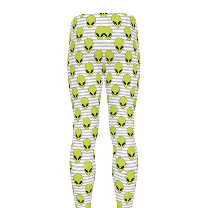 Grey Striped Alien Pattern Print Men's leggings