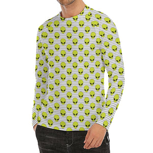 Grey Striped Alien Pattern Print Men's Long Sleeve Rash Guard