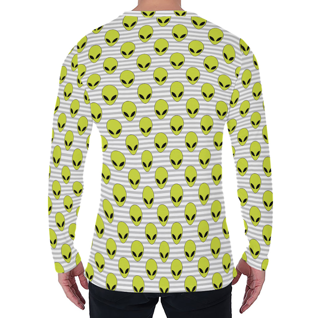 Grey Striped Alien Pattern Print Men's Long Sleeve T-Shirt