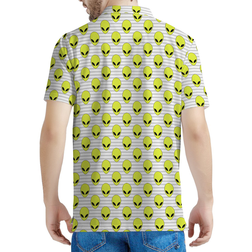 Grey Striped Alien Pattern Print Men's Polo Shirt