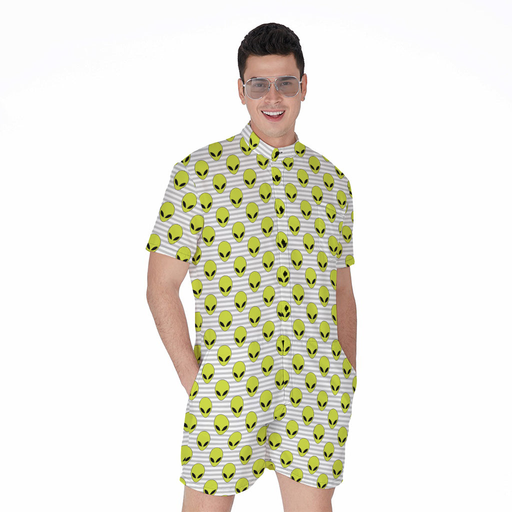 Grey Striped Alien Pattern Print Men's Rompers