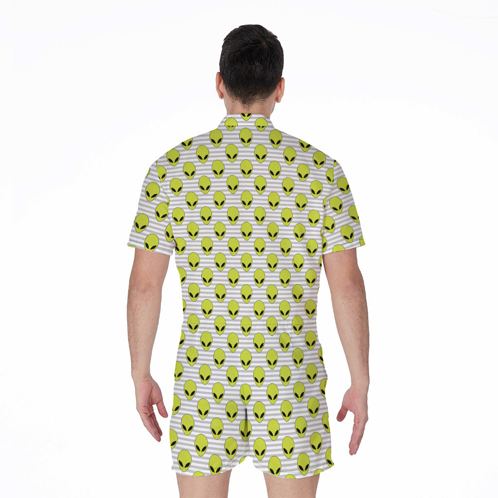 Grey Striped Alien Pattern Print Men's Rompers