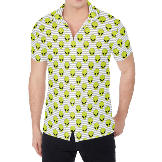 Grey Striped Alien Pattern Print Men's Shirt