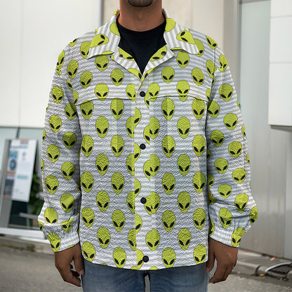 Grey Striped Alien Pattern Print Men's Shirt Jacket