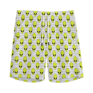 Grey Striped Alien Pattern Print Men's Sports Shorts