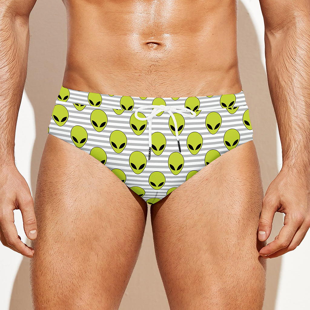 Grey Striped Alien Pattern Print Men's Swim Briefs