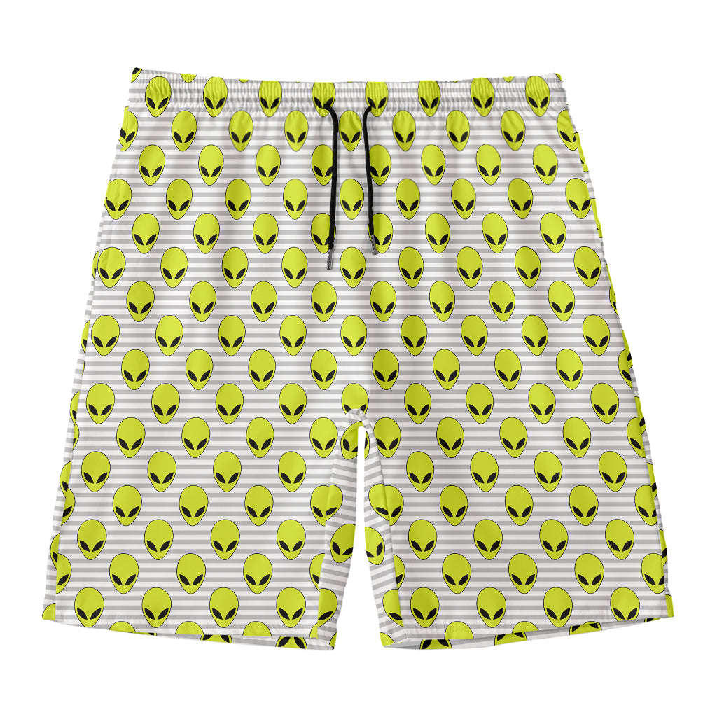 Grey Striped Alien Pattern Print Men's Swim Trunks