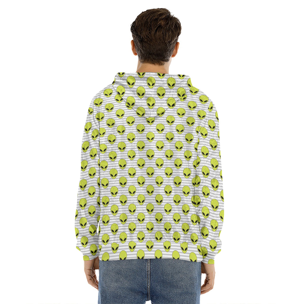 Grey Striped Alien Pattern Print Men's Velvet Pullover Hoodie