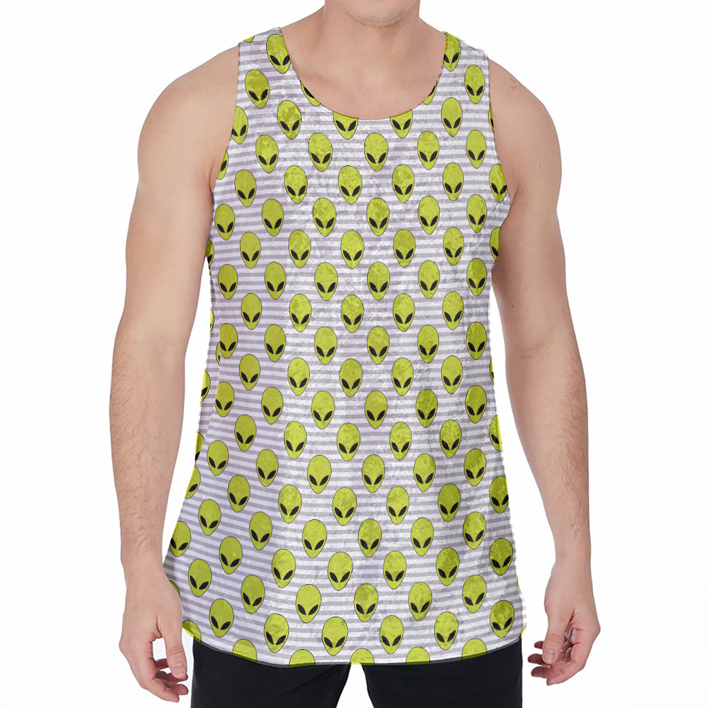 Grey Striped Alien Pattern Print Men's Velvet Tank Top
