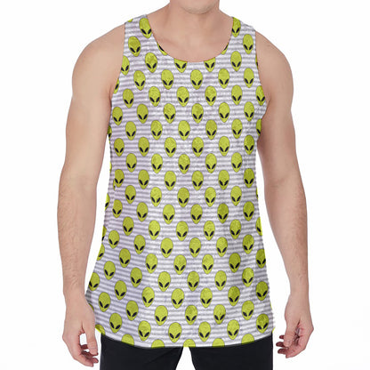 Grey Striped Alien Pattern Print Men's Velvet Tank Top