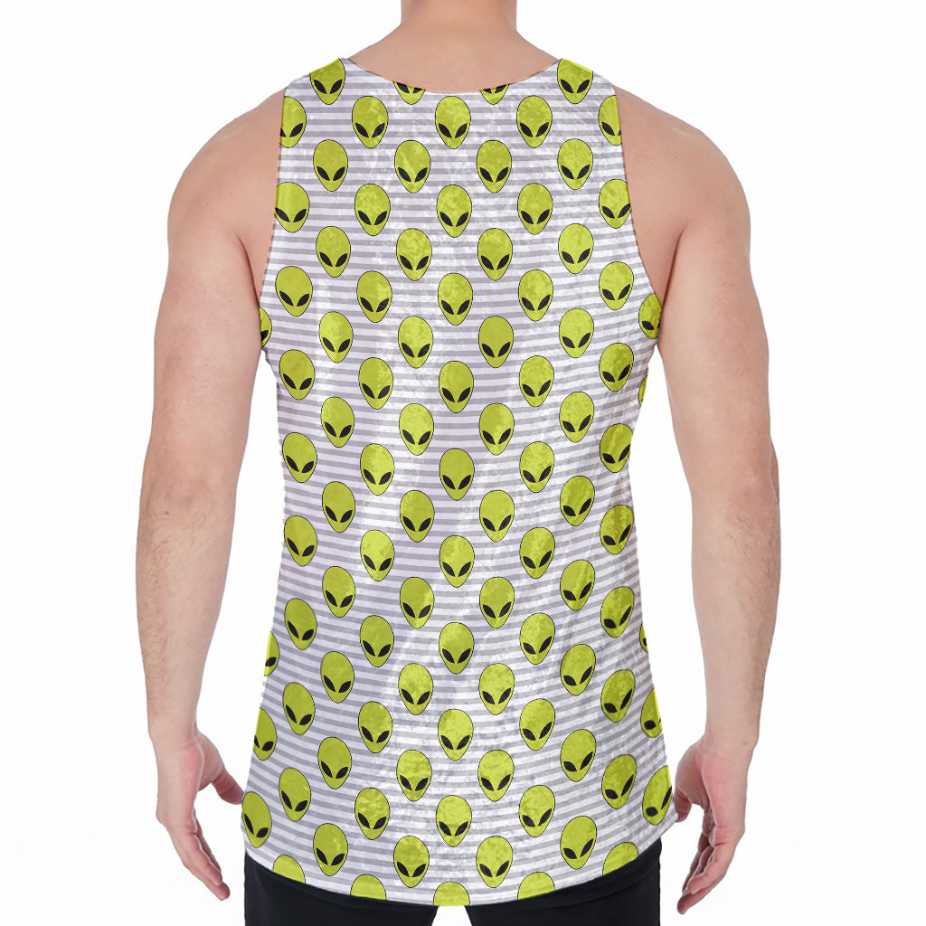 Grey Striped Alien Pattern Print Men's Velvet Tank Top
