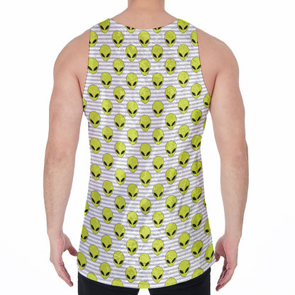 Grey Striped Alien Pattern Print Men's Velvet Tank Top